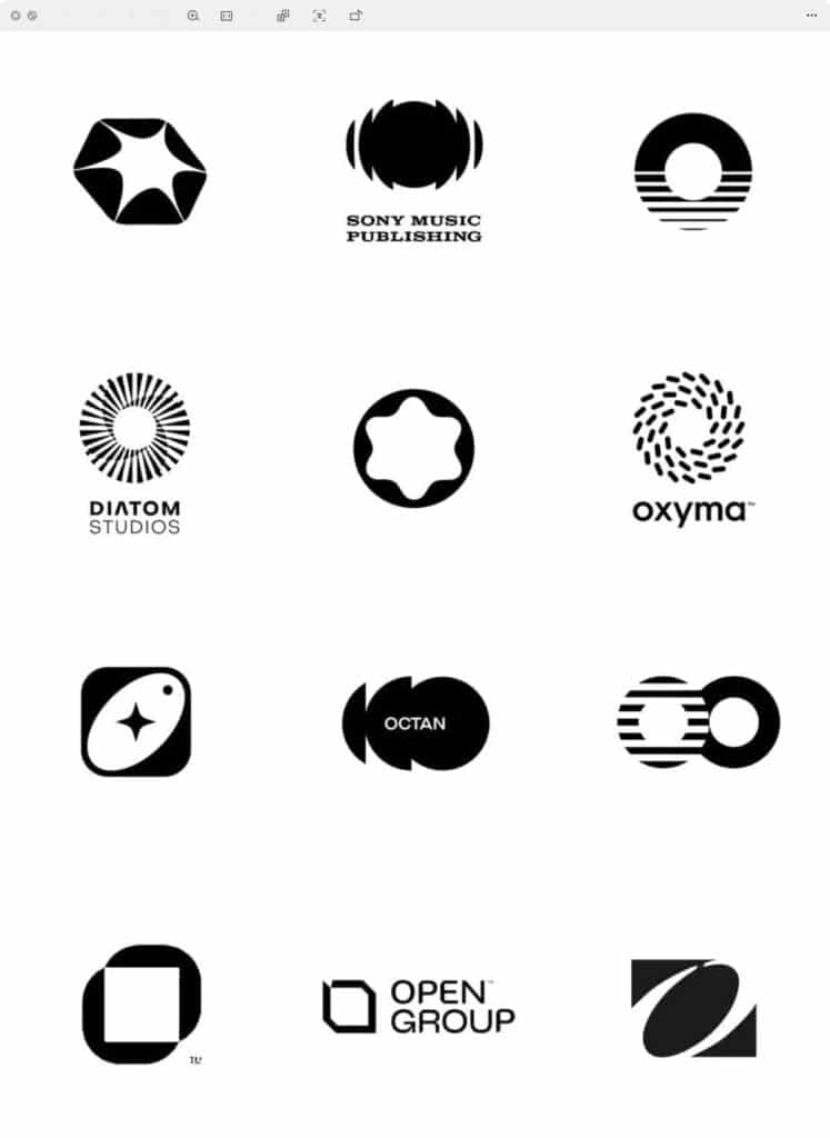 Grid of various monochrome logos, including circular and abstract shapes, with brand texts.