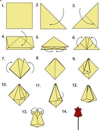 f47573a60fb7fe292b8cce28b3e057b6 Step-by-step origami instructions for folding a paper flower from a square sheet, ending with a red rose design. | Sky Rye Design Step-by-step origami instructions for folding a paper flower from a square sheet, ending with a red rose design.