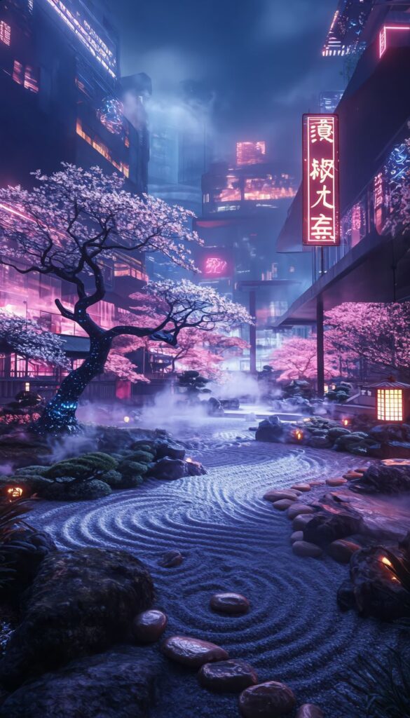 Futuristic cityscape with neon lights and cherry blossoms by a serene Zen garden at night.