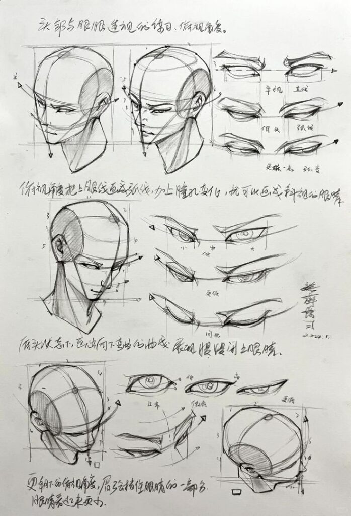 Sketches of anime-style heads and eyes with artistic notes in a notebook, showing various angles and expressions.