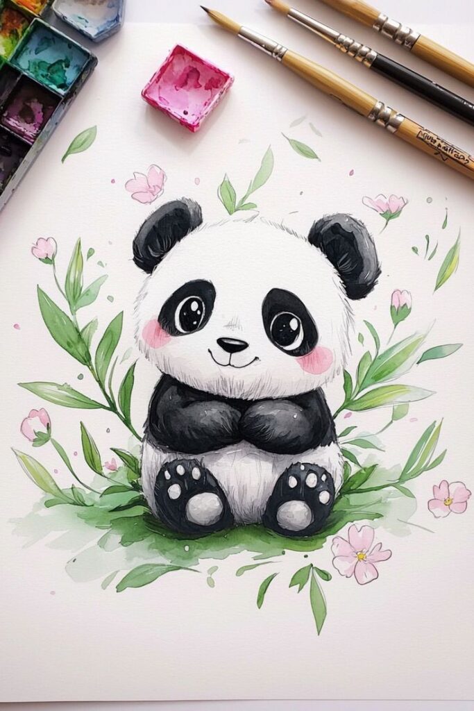 Cute watercolor panda illustration surrounded by pink flowers and green leaves, with art supplies nearby.