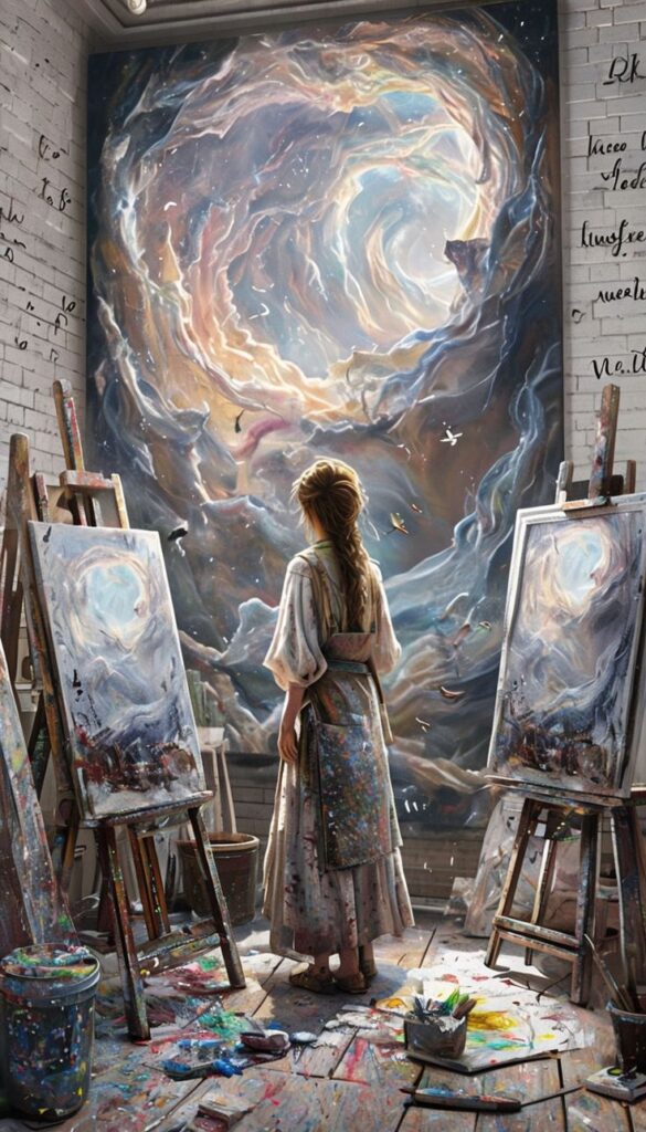 Artist in a studio surrounded by abstract paintings, gazing at a large cosmic-themed artwork.