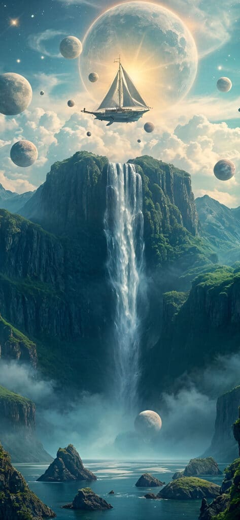 Flying ship over mystical waterfall and planetscape, creating a surreal fantasy scene with celestial bodies.