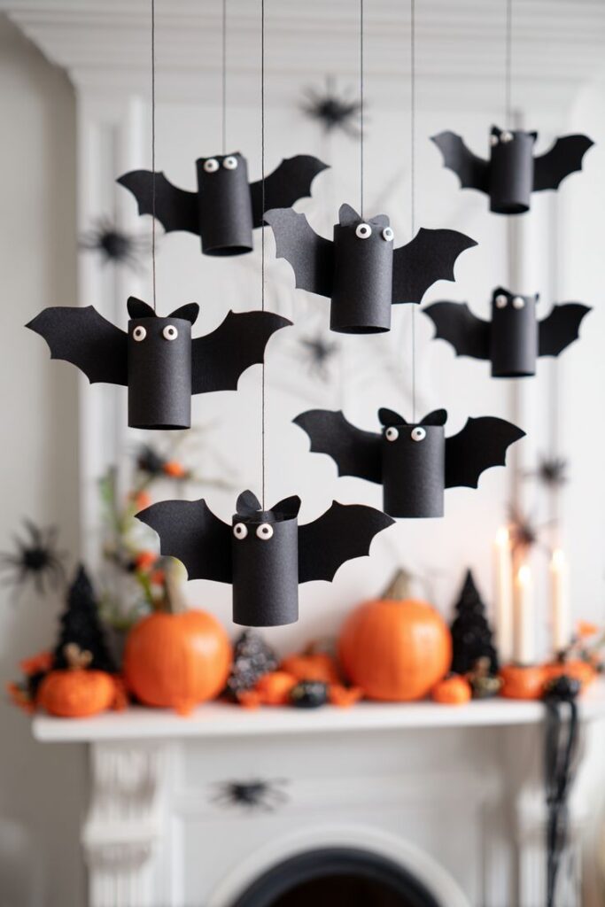 f7c6cc4ea081bcdc937773e6c9098326 Hanging Halloween bats made from toilet paper rolls with pumpkins and candles in the background. | Sky Rye Design Hanging Halloween bats made from toilet paper rolls with pumpkins and candles in the background.