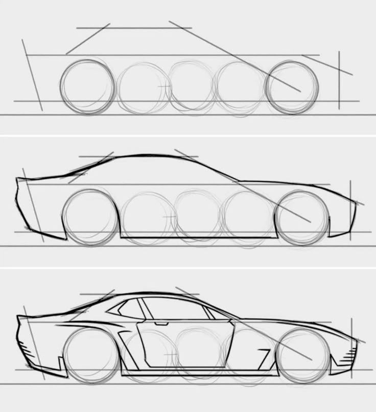 Sketch of a sports car design progress in three stages, showing outline development and detail enhancement.