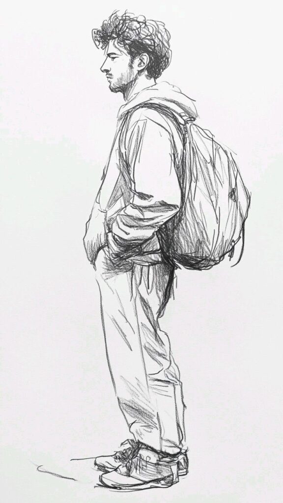 Sketch of a standing man with curly hair, wearing a hoodie and backpack, facing left.
