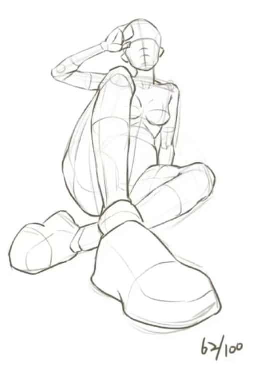 f927ec50-b7fc-4cb5-8a71-1b6ac4c494ec Simple sketch of a sitting humanoid figure model in perspective view for drawing practice, numbered 64/100. | Sky Rye Design Simple sketch of a sitting humanoid figure model in perspective view for drawing practice, numbered 64/100.