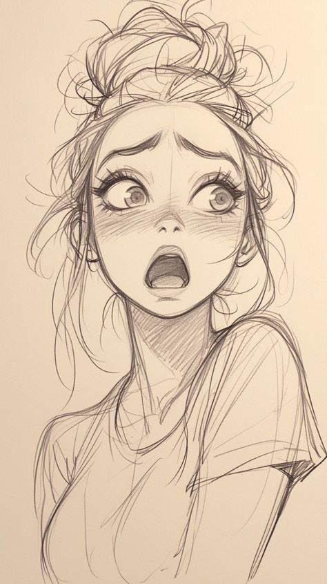 Surprised anime-style woman with wide eyes and messy bun, wearing a t-shirt, drawn in pencil sketch style.
