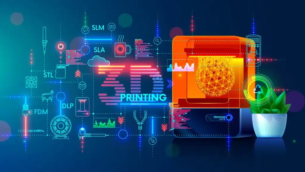 f9db8c64844390f3f014d6e4068c5a328ba0d065 Colorful futuristic 3D printing infographic showing various techniques and a 3D printer with a geometric object. | Sky Rye Design Colorful futuristic 3D printing infographic showing various techniques and a 3D printer with a geometric object.