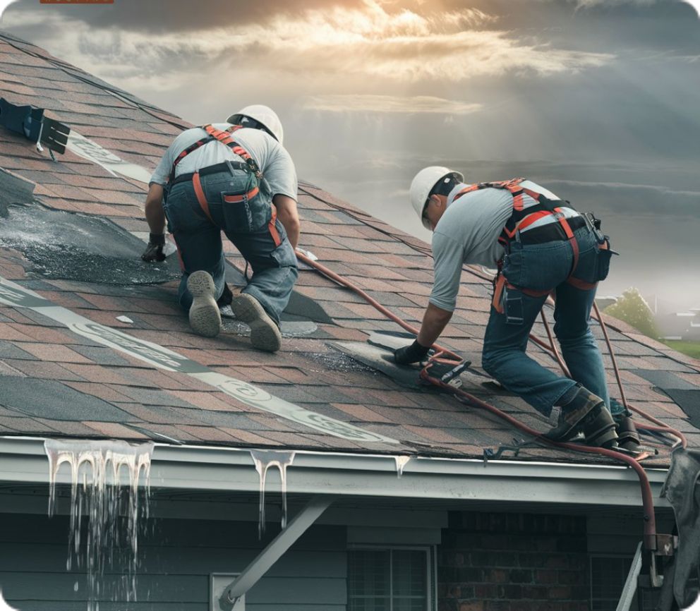 Roofers in protective gear repairing shingles on a rooftop under a cloudy sky.
