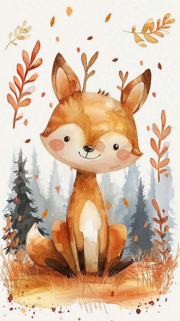 Cute watercolor fox with antlers in an autumn forest setting, surrounded by falling leaves and trees.