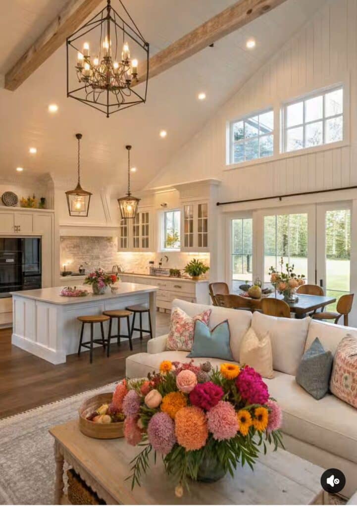 Cozy farmhouse kitchen with bright flowers, rustic beams, chandeliers, and large windows lighting up open space.