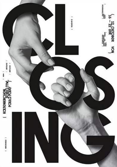 Artistic poster with interlocking hands and bold text CLOSING. Monochrome design with event details.