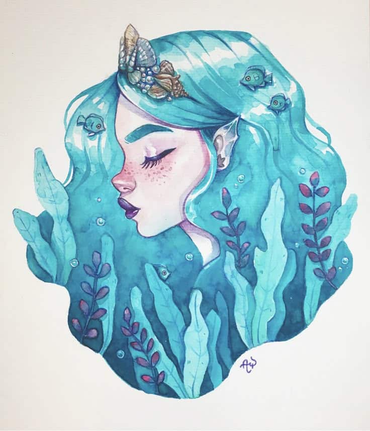 Watercolor illustration of a mermaid with flowing blue hair, seashell crown, and underwater plants.