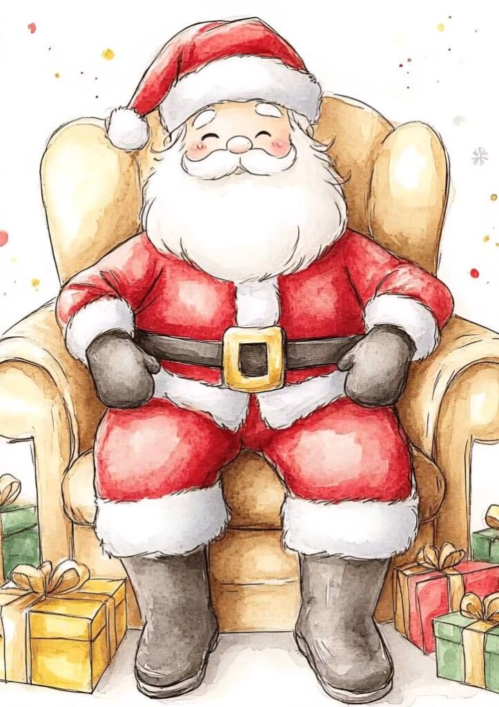 faa3f46a-7a7e-4181-9905-1afc64bf8cd9 Smiling Santa Claus sitting on a chair with presents, watercolor illustration, festive holiday scene. | Sky Rye Design Smiling Santa Claus sitting on a chair with presents, watercolor illustration, festive holiday scene.