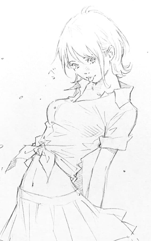 Anime sketch of a girl with short hair, wearing a shirt and skirt, showcasing dynamic poses.
