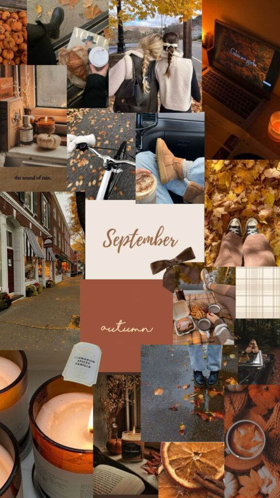 Collage celebrating autumn: cozy scenes, coffee, candles, leaves, and fashion for a perfect September vibe.