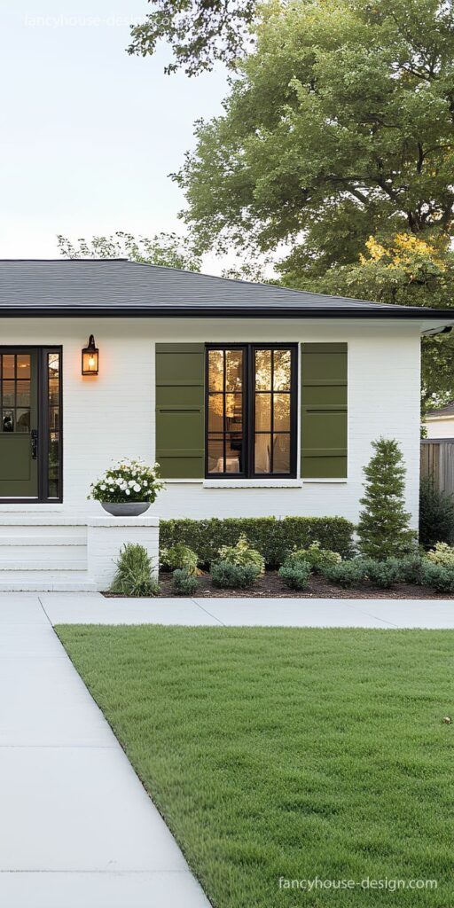 Modern white house exterior with green shutters and manicured lawn.
