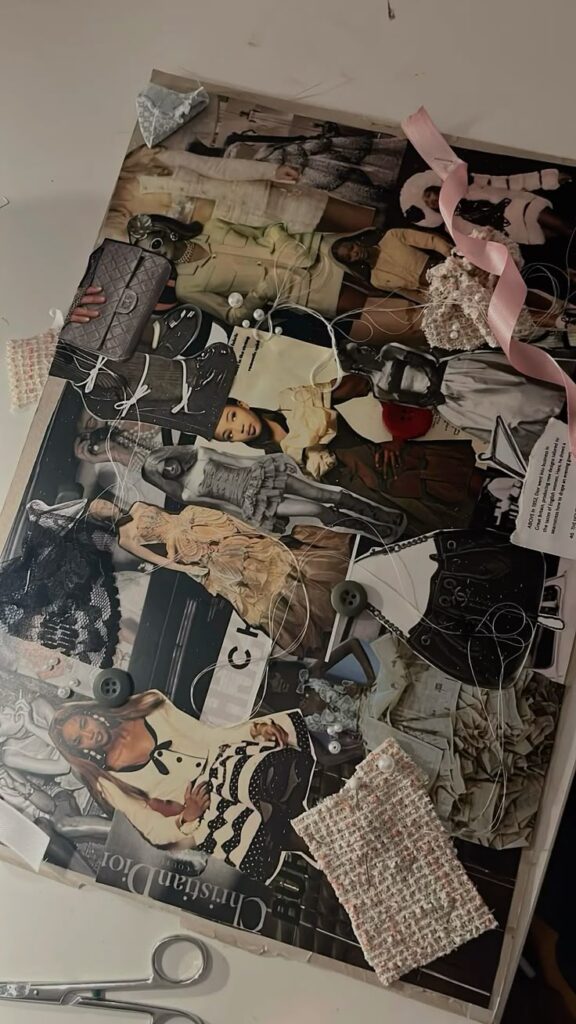 Fashion collage with magazine cutouts, fabric swatches, buttons, and sewing thread, showcasing creative design ideas.