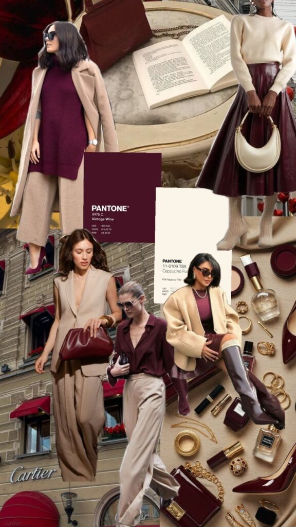 Fashion collage featuring Pantone Vintage Wine and Cappuccino hues, stylish outfits, and luxury accessories.