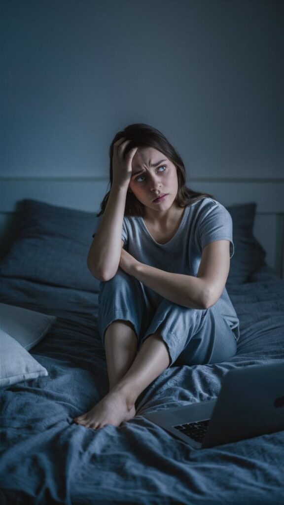 Woman in pajamas looking worried while sitting on a bed next to a laptop, suggesting sleeplessness or stress.