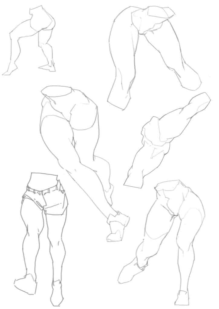 Pencil sketches of various human leg poses, highlighting anatomy and movement.