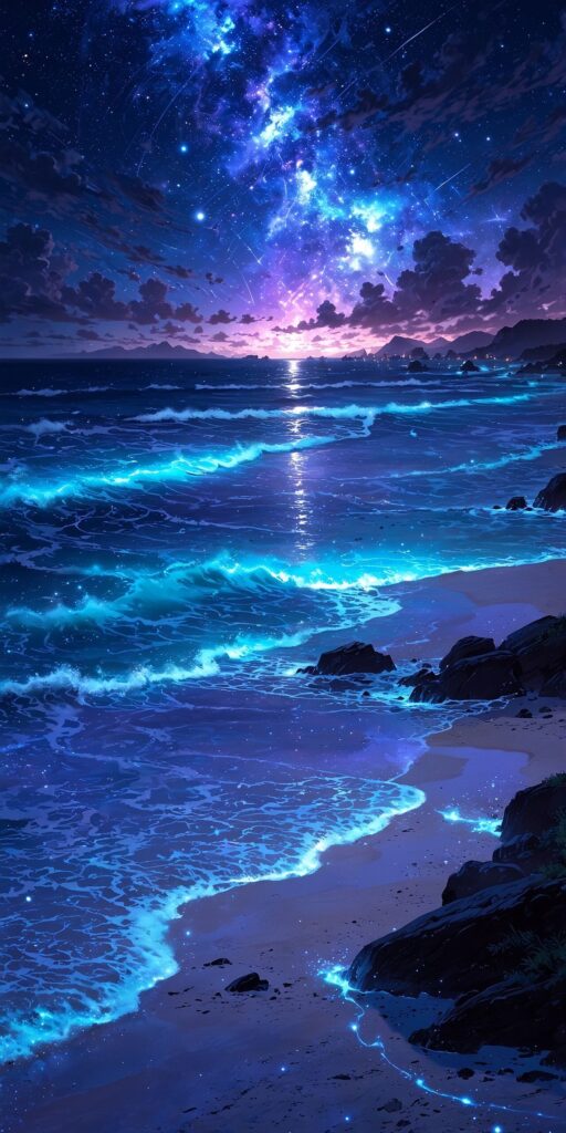 Starry night sky over a glowing ocean with crashing waves on a serene beach, featuring a vibrant Milky Way.