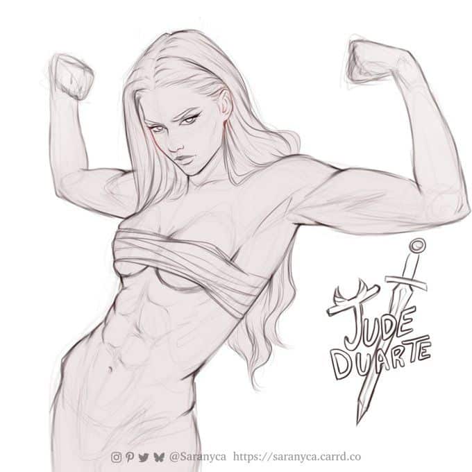 Strong, confident woman flexing muscles in detailed sketch. Illustrated with sword and stylish text beside her.