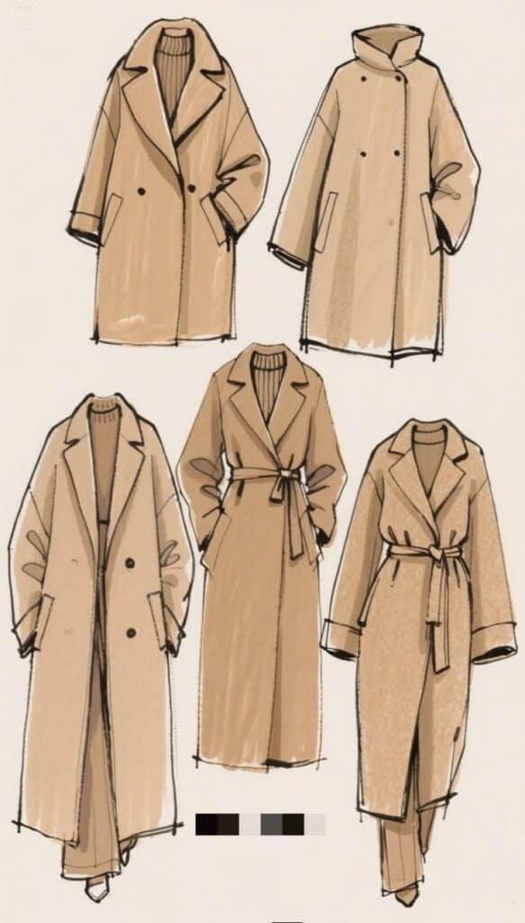 Fashion sketches of beige trench coats in various styles and designs, showcasing elegant winter outerwear trends.