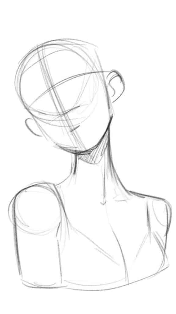 Pencil sketch of a human head and shoulders, focusing on foundational drawing lines for art practice.