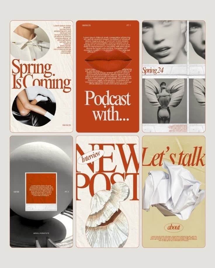 Collage of fashion and podcast themes with text about spring, interviews, and discussions.