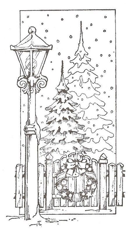 ff8ddd6a-f005-4491-a62b-4b30fb0b30ec Winter scene with snowy trees, a streetlamp, and a fence adorned with a holiday wreath. Snowflakes gently fall. | Sky Rye Design Winter scene with snowy trees, a streetlamp, and a fence adorned with a holiday wreath. Snowflakes gently fall.
