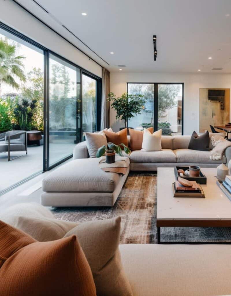 Modern living room with cozy sectional sofa, decorative pillows, large windows, and a view of the outdoor patio.