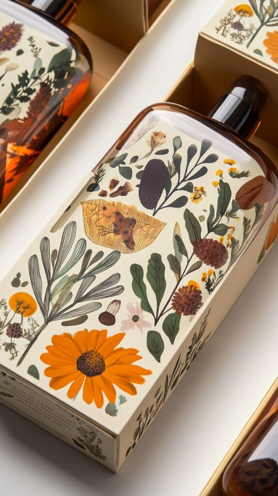 Botanical-themed packaging with vibrant floral illustrations on a rectangular bottle.