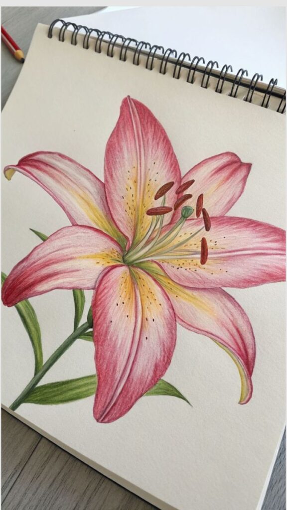 Pencil drawing of a pink and yellow lily flower on sketchbook, detailed botanical illustration.