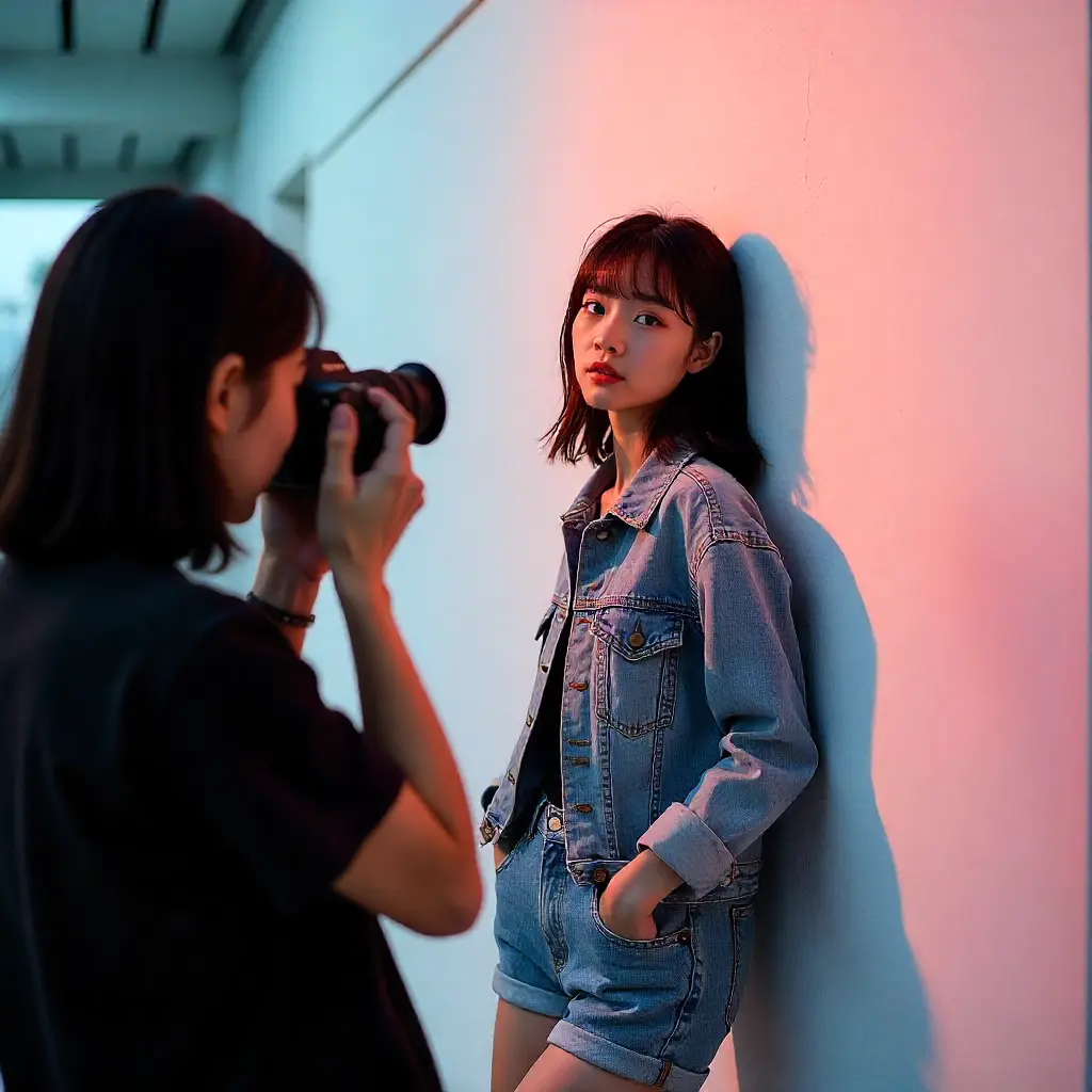 Photographer capturing woman in denim jacket against a pink-lit wall. Fashion photoshoot in natural light.