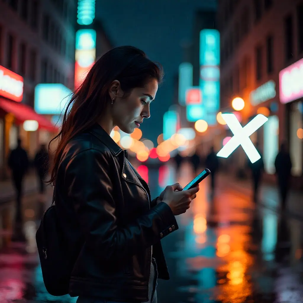 Young woman in a leather jacket using smartphone on a rainy city street at night, surrounded by neon lights.