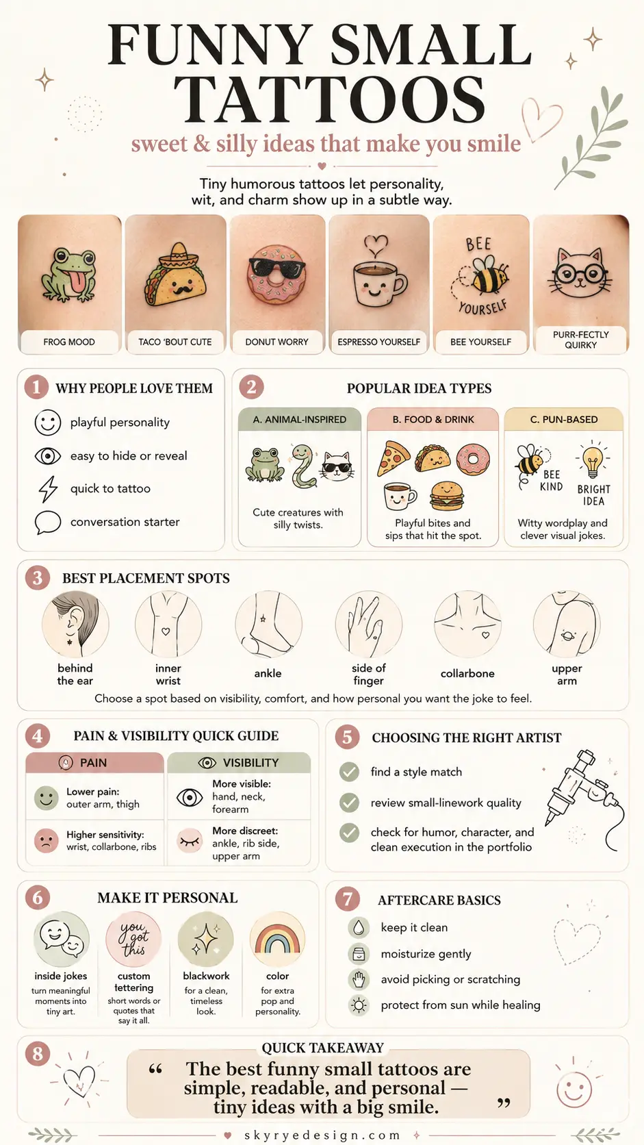 46a7b2b8-d41e-443d-9267-5140ea998142 Infographic of funny small tattoos: frog, taco, donut, coffee, bee, cat; tips on placement, pain, artist, aftercare. | Sky Rye Design Infographic of funny small tattoos: frog, taco, donut, coffee, bee, cat; tips on placement, pain, artist, aftercare.