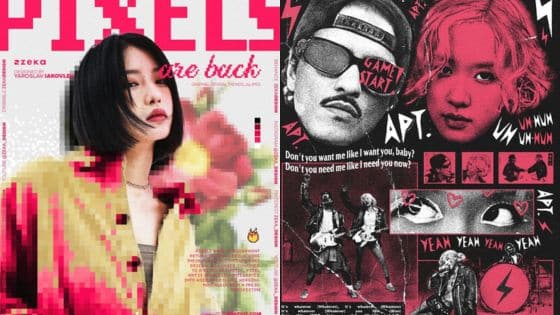graphic design tips Magazine featuring pixelated art on the left and a retro rock band poster style on the right. | Sky Rye Design Magazine featuring pixelated art on the left and a retro rock band poster style on the right.