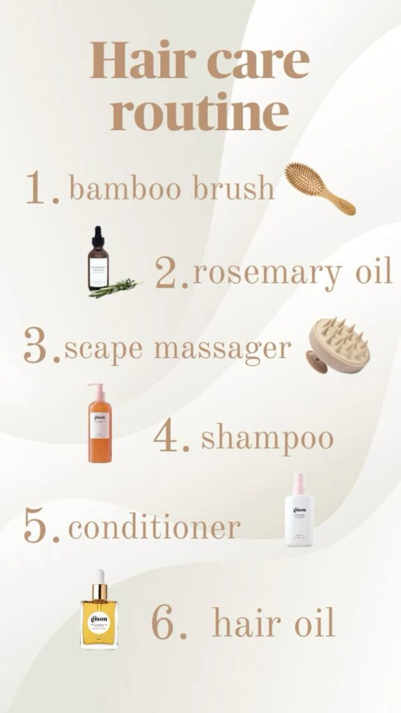 Hair care routine essentials: bamboo brush, rosemary oil, scalp massager, shampoo, conditioner, hair oil.