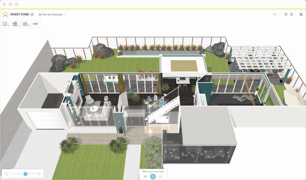 3D home design showcasing modern interior layout, open living spaces, and garden area.