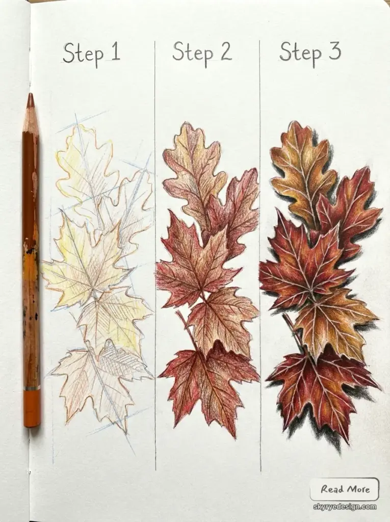 Colored_pencils_drawing_fall_leaves_202607131252 Colored pencil tutorial: step-by-step autumn oak leaves, showing sketch, mid-tone shading, and finished detailed leaves | Sky Rye Design Colored pencil tutorial: step-by-step autumn oak leaves, showing sketch, mid-tone shading, and finished detailed leaves