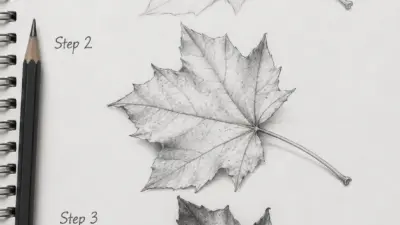 Realistic maple leaf pencil sketch tutorial: three-step drawing on spiral sketchbook with pencils.