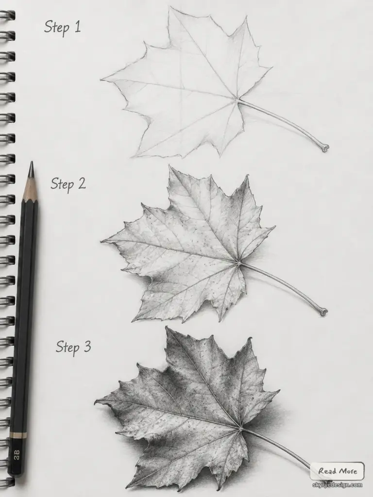 3493c577-98e7-4b96-b578-0e2c2c091daa Realistic maple leaf pencil sketch tutorial: three-step drawing on spiral sketchbook with pencils. | Sky Rye Design Realistic maple leaf pencil sketch tutorial: three-step drawing on spiral sketchbook with pencils.