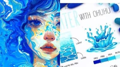 Vibrant blue watercolor art and illustration with Ohuhu markers, depicting a woman's face merging with water.