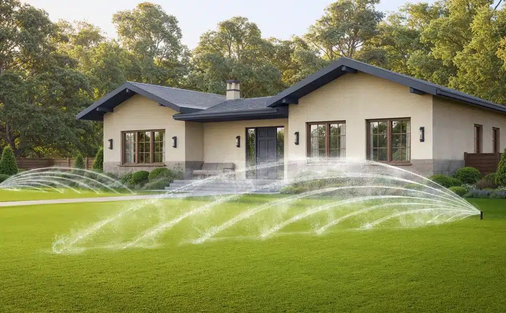 Suburban house with lush lawn and sprinklers in action on a sunny day.