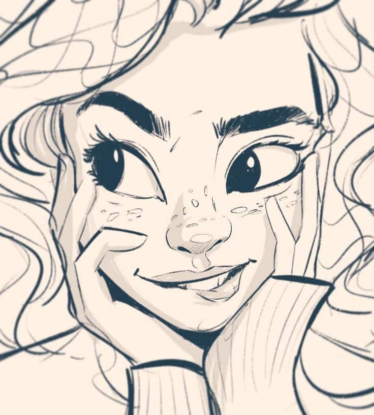 Smiling cartoon character with curly hair and freckles, drawn in a sketch style, looking playfully to the side.