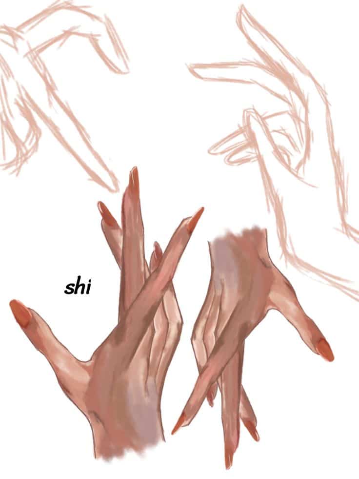 Illustrated hand gestures with red nails, showcasing sketch and detailed styles, labeled shi for emphasis.