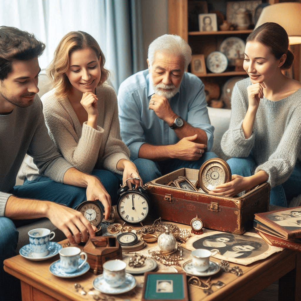 image Family bonding over vintage clocks and photos, seated by a table with antiques and tea cups. | Sky Rye Design Family bonding over vintage clocks and photos, seated by a table with antiques and tea cups.