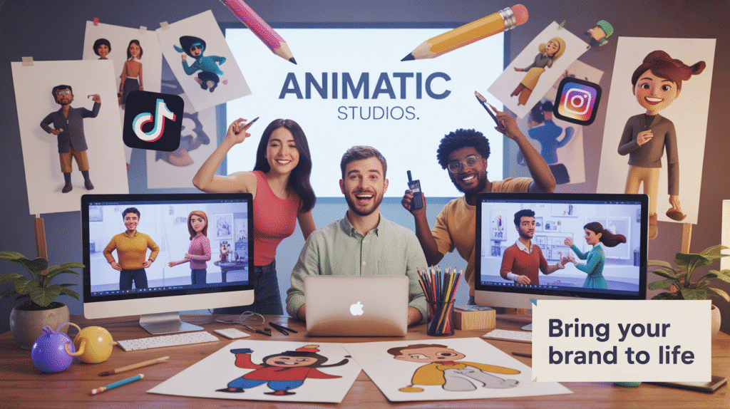 image Animation studio team showcasing character designs and branding materials, promoting engagement on TikTok and Instagram. | Sky Rye Design Animation studio team showcasing character designs and branding materials, promoting engagement on TikTok and Instagram.